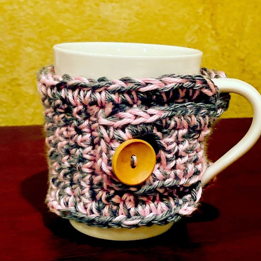 Mug cozy, pink and Gray
